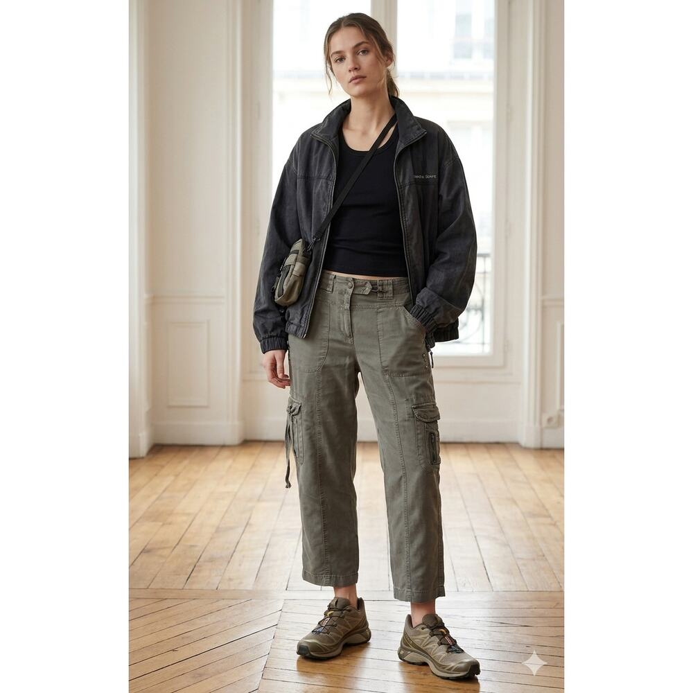 Sandro Y2K Utility Cargo Capri Pants Olive Green Studded Cropped Multi Pocket 6